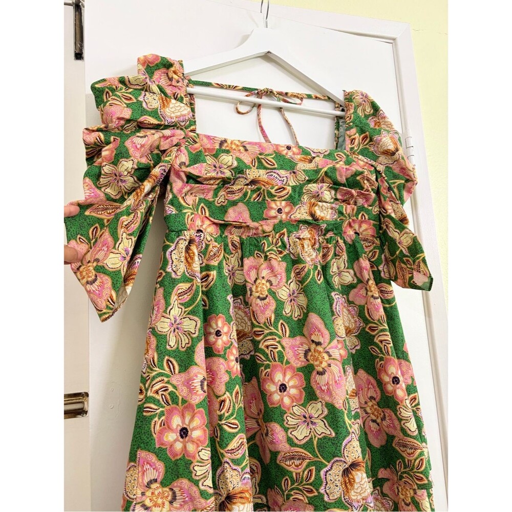 MISA Los Angeles Floral Puff Sleeve Open Back Bow Mini Dress Green Pink Size L - Picture 9 of 12